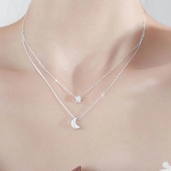 *925 Sterling Silver Diamond Moon Star Necklace - Picture 2 of 12